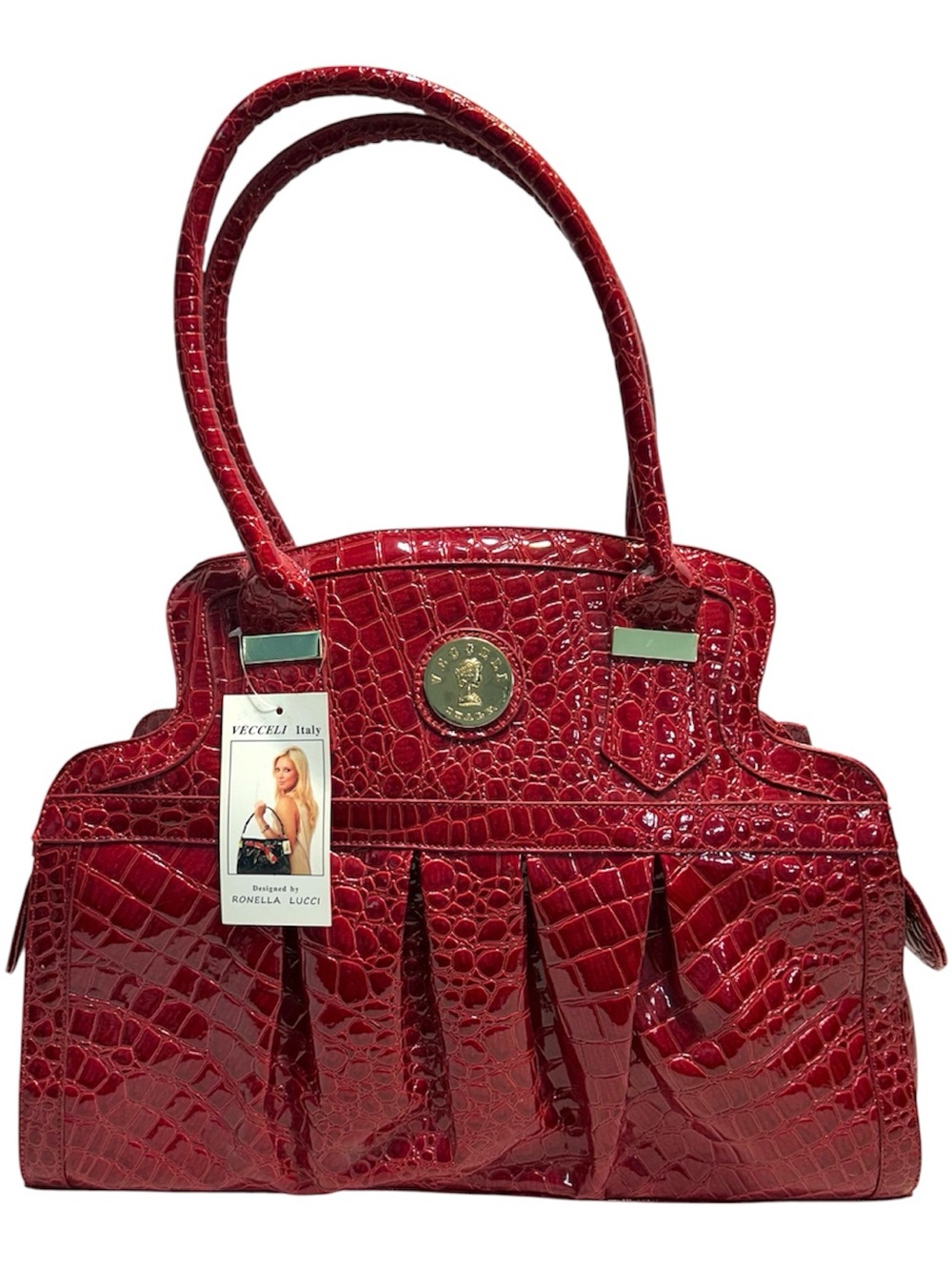 Vecceli Italy Large Red Croc Embossed Vegan Leather Tote Shoulder Handbag NWT